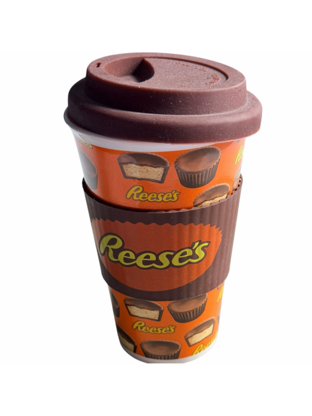 Reese’s Peanut Butter Cup Ceramic Travel Coffee Mug 16 oz with Lid and Grip